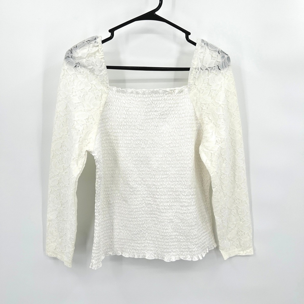 Smocked Lace Sleeve Square Neck Top XL Ivory Romantic Cottagecore‎ Coquette